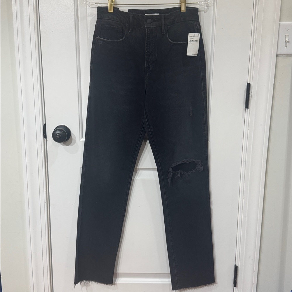 *NEW* GOOD AMERICAN GOOD BOY DISTRESSED BLACK WASH SIDE SLIT JEAN 2/26 - Picture 2 of 9
